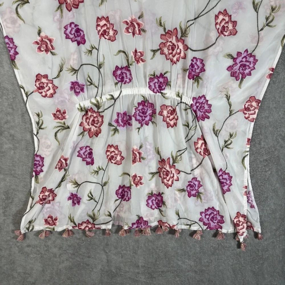 Letarte Luxe Floral Embroidered Tassel Kaftan Swim Cover Up White Pink Large